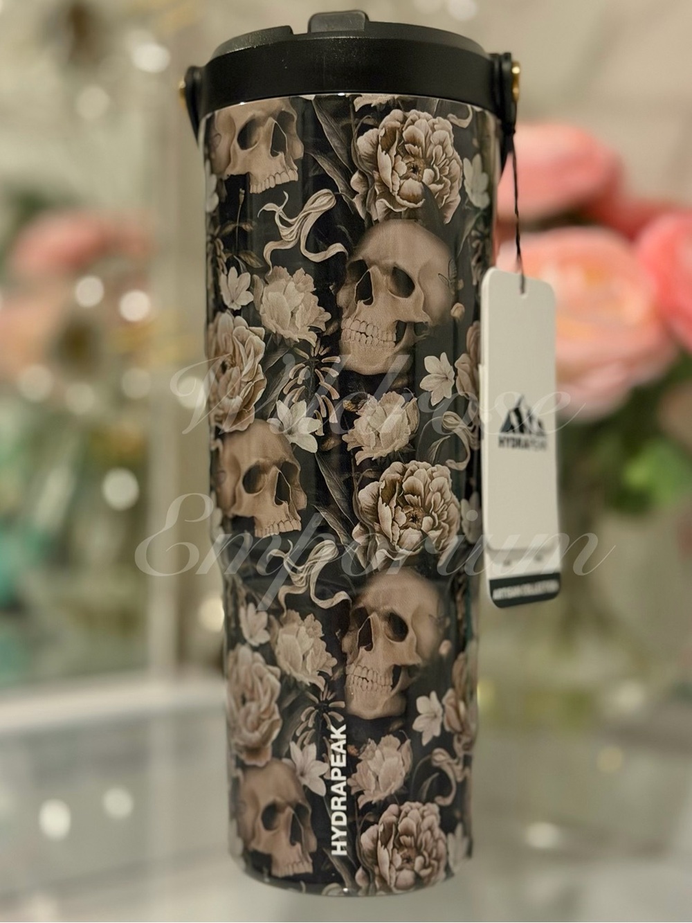 Hydrapeak Artesian Collection gothic tan beige roses skull 32oz Insulated Tumblr